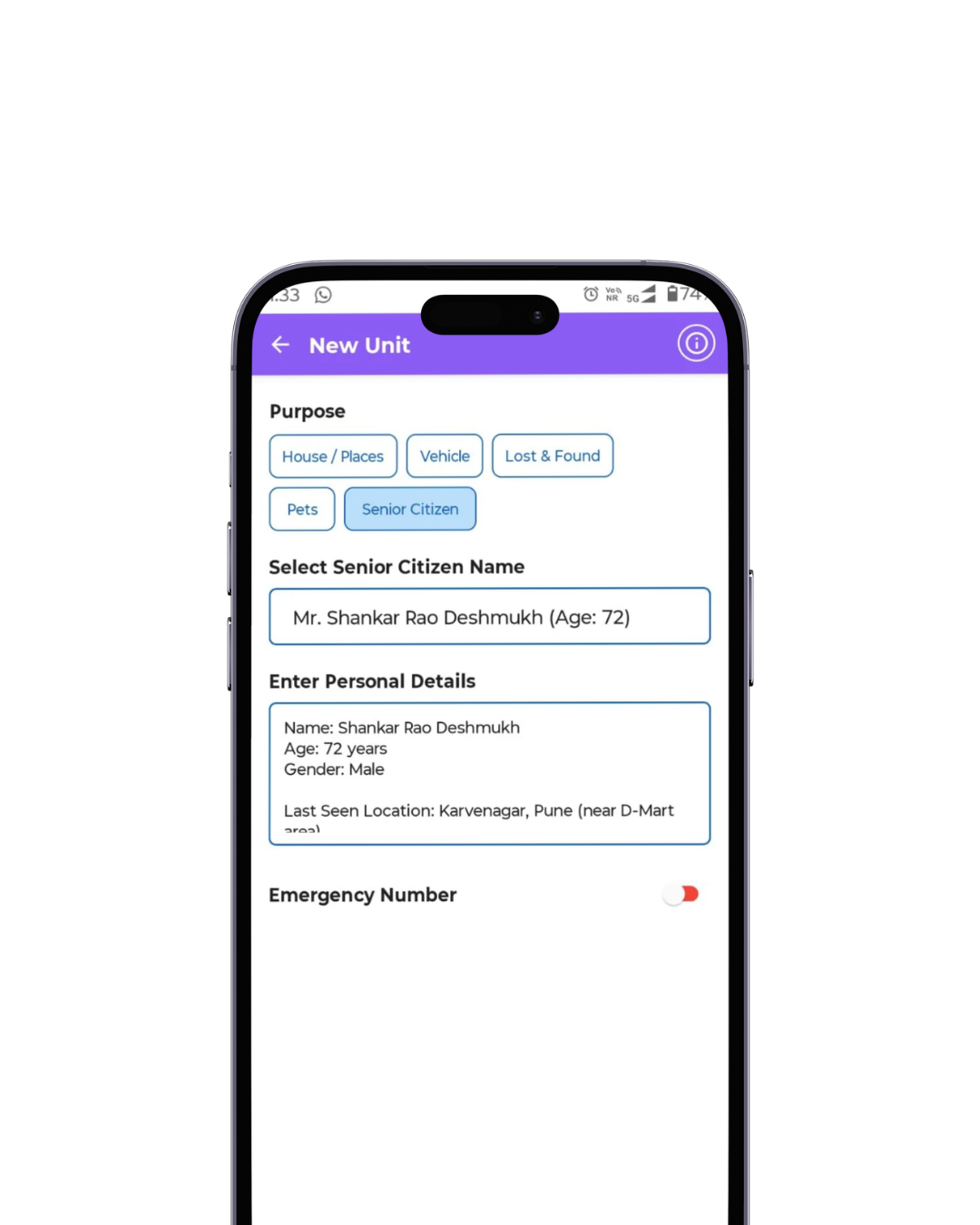 Add senior member feature in safety app with profile details and emergency contact setup