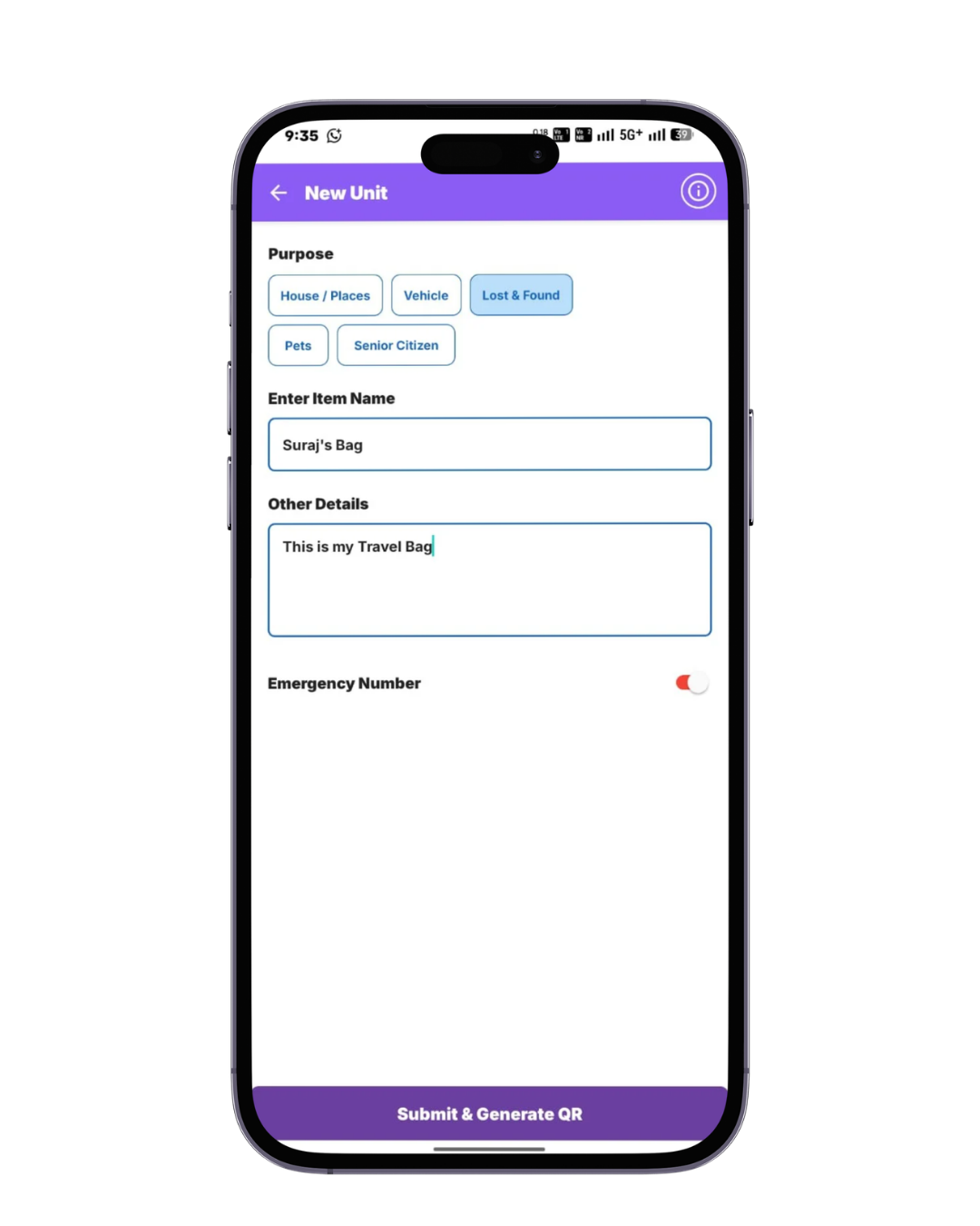 Safety QR code app adding new unit for secure identification, emergency contact access, and safety management