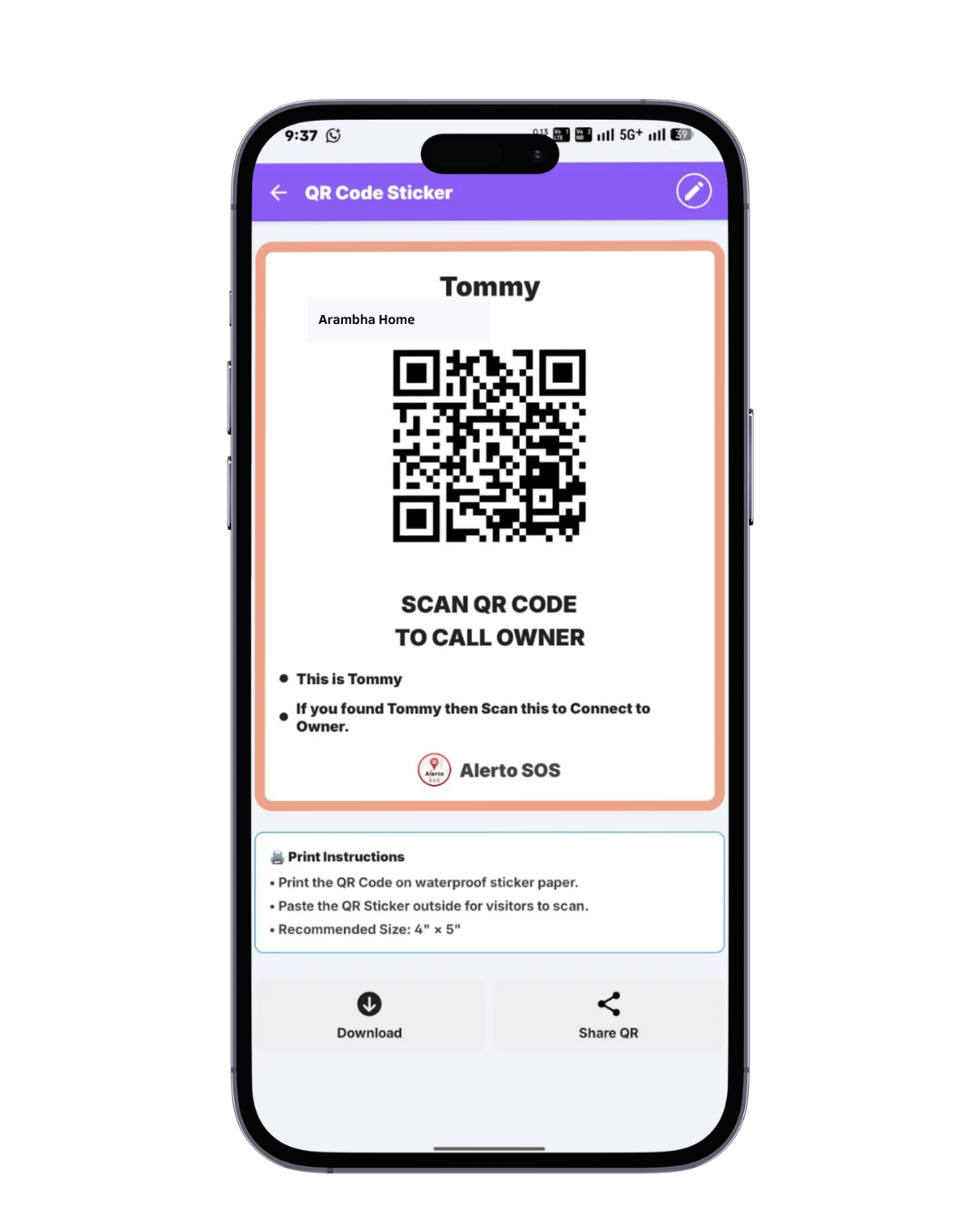 Safety QR code sticker information showing user details, emergency contacts, and identification data for quick access
