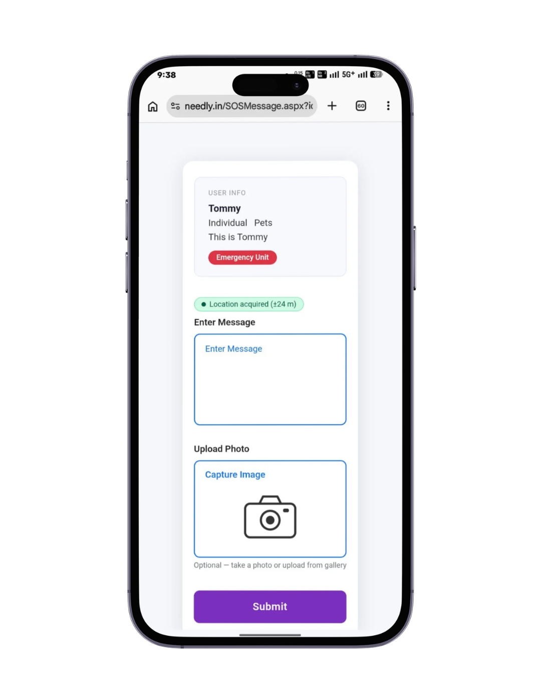Safety QR code app displaying user information profile with identification details and emergency contact access