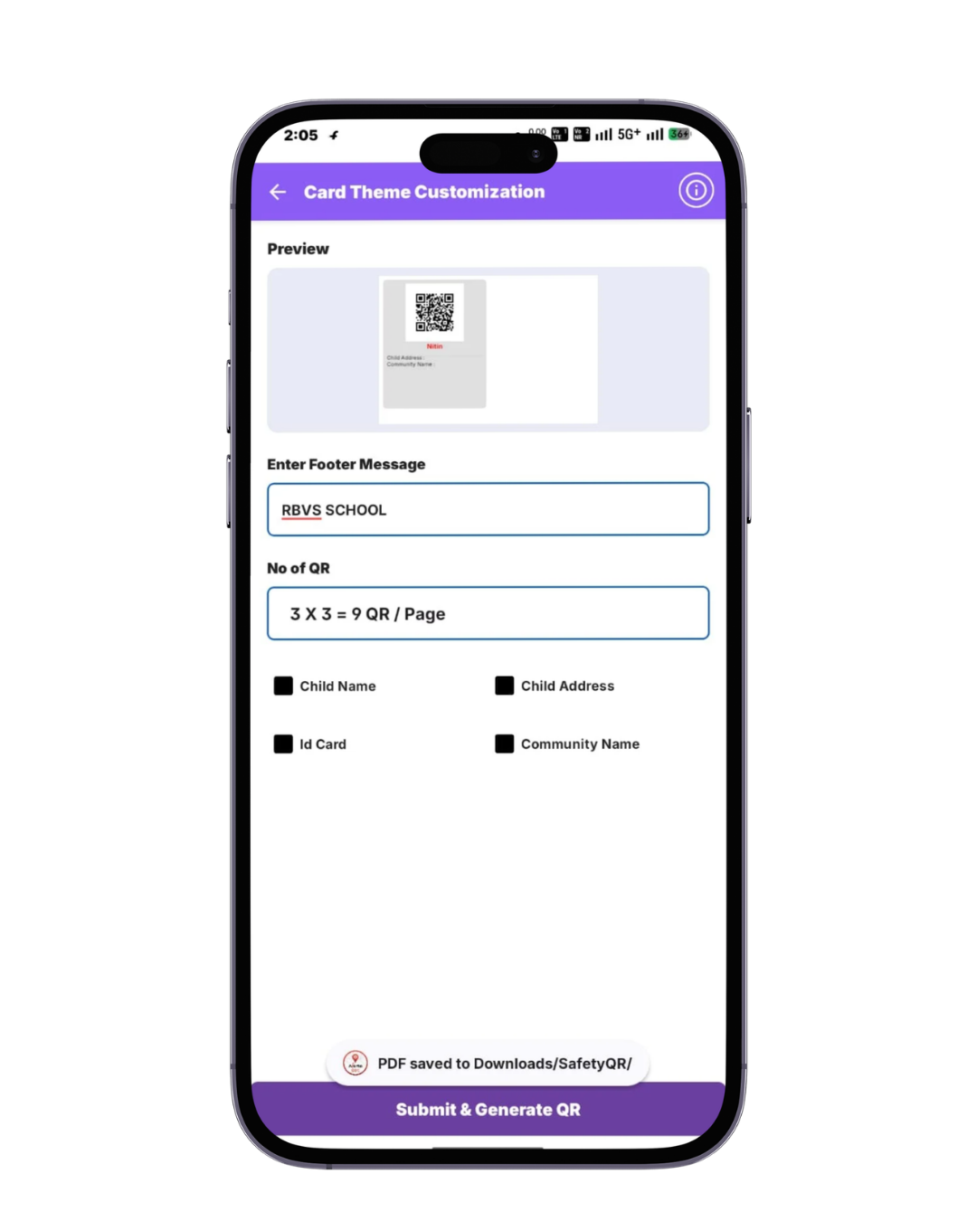 School safety app generating QR code for student identification and emergency contact access