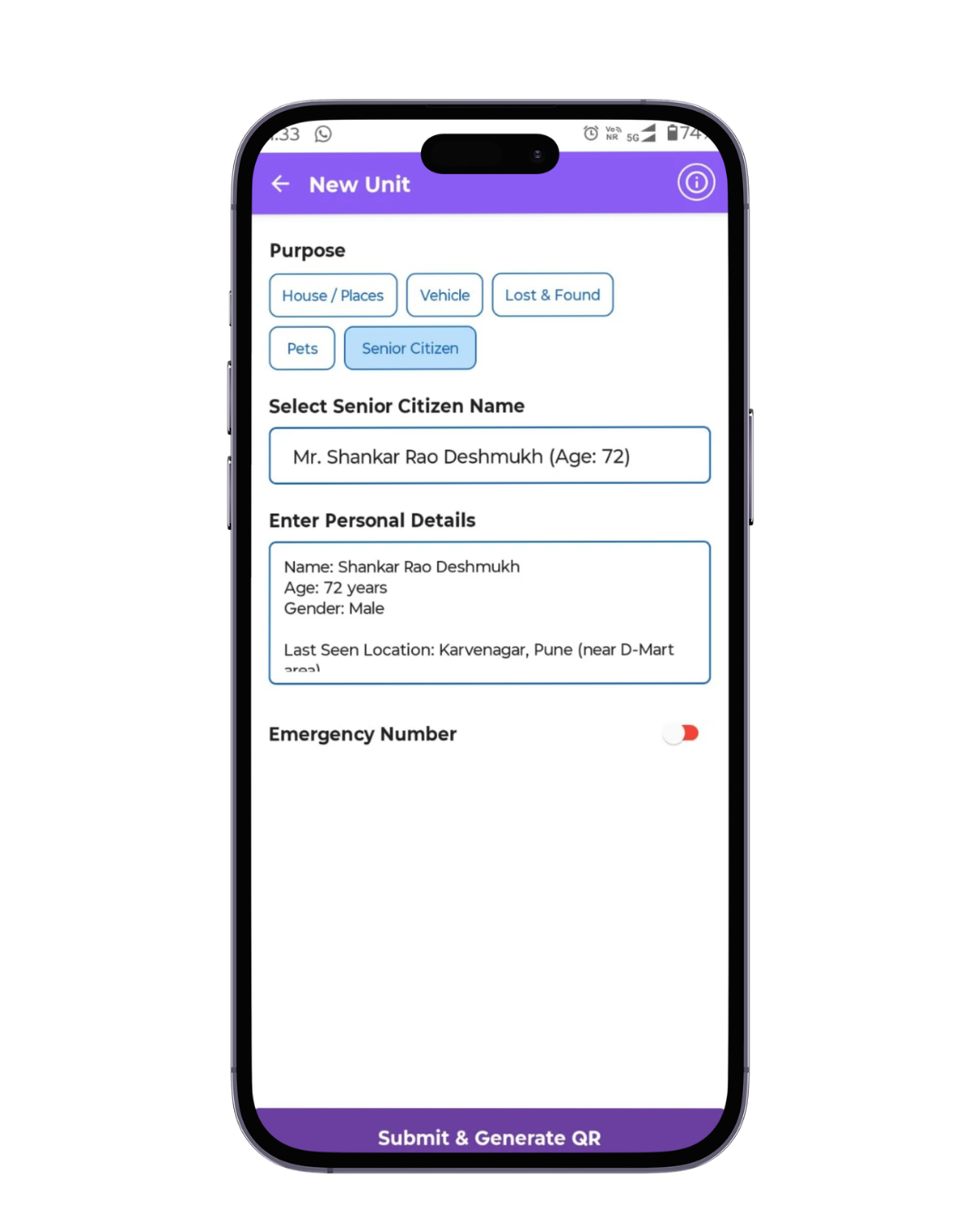Senior citizen using safety app with SOS alerts and live location tracking for emergency support