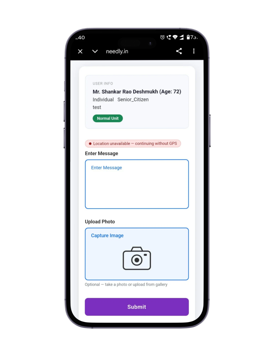 Senior citizen user profile with emergency contact details and medical information in safety app