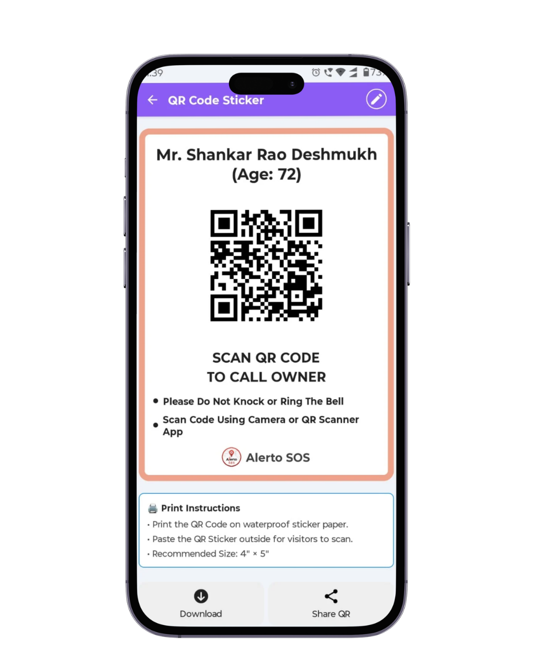 Safety QR code sticker for senior citizens enabling instant access to emergency contacts and medical details
