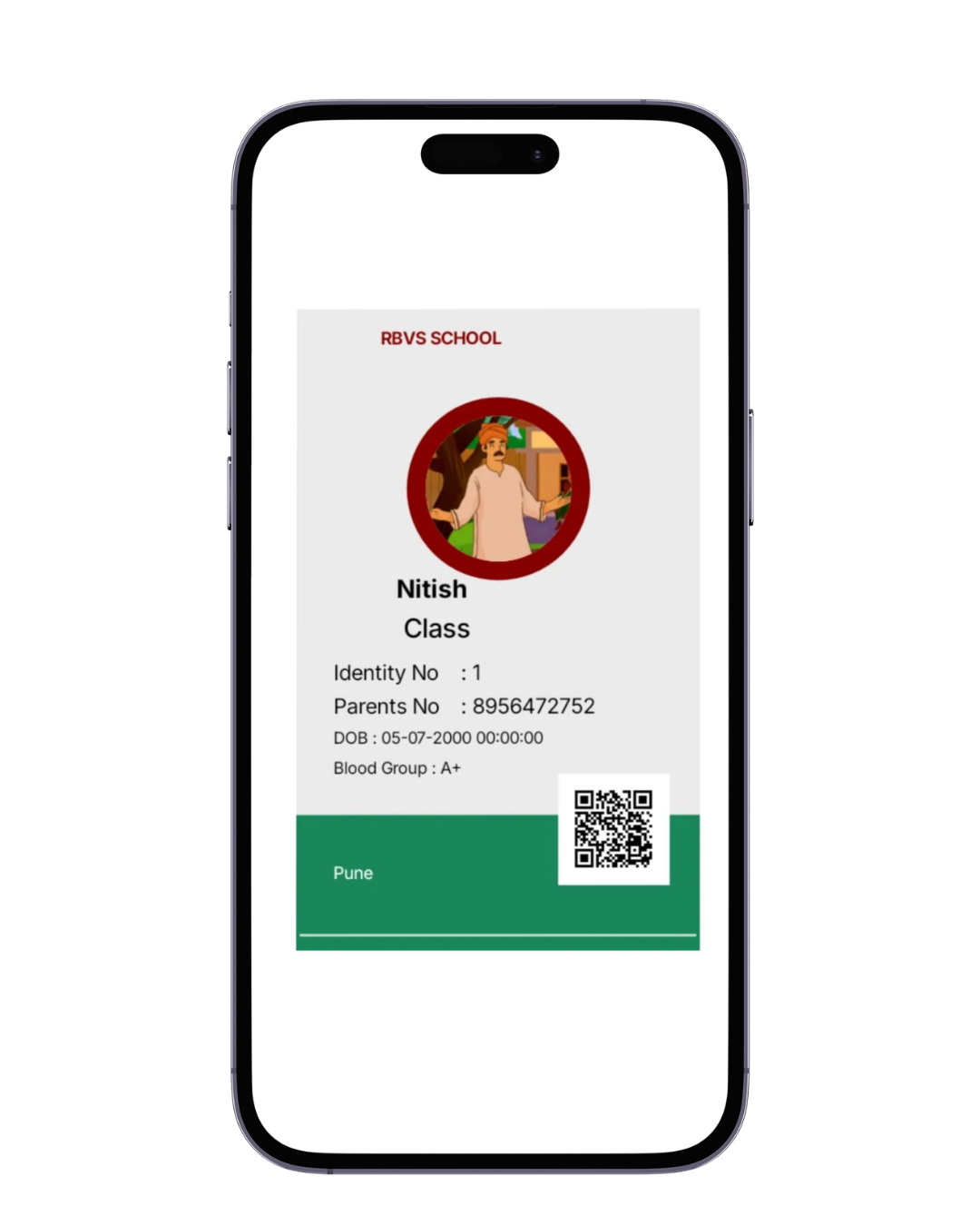Student identity profile in school safety app with personal details, QR code, and emergency contact information