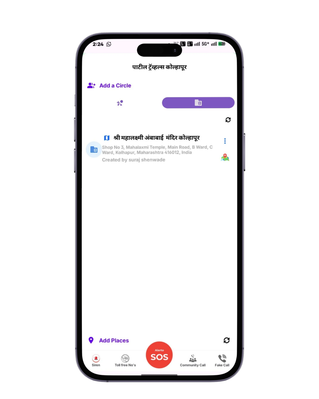 Child and traveler safety monitoring screen in Alerto group tracking app