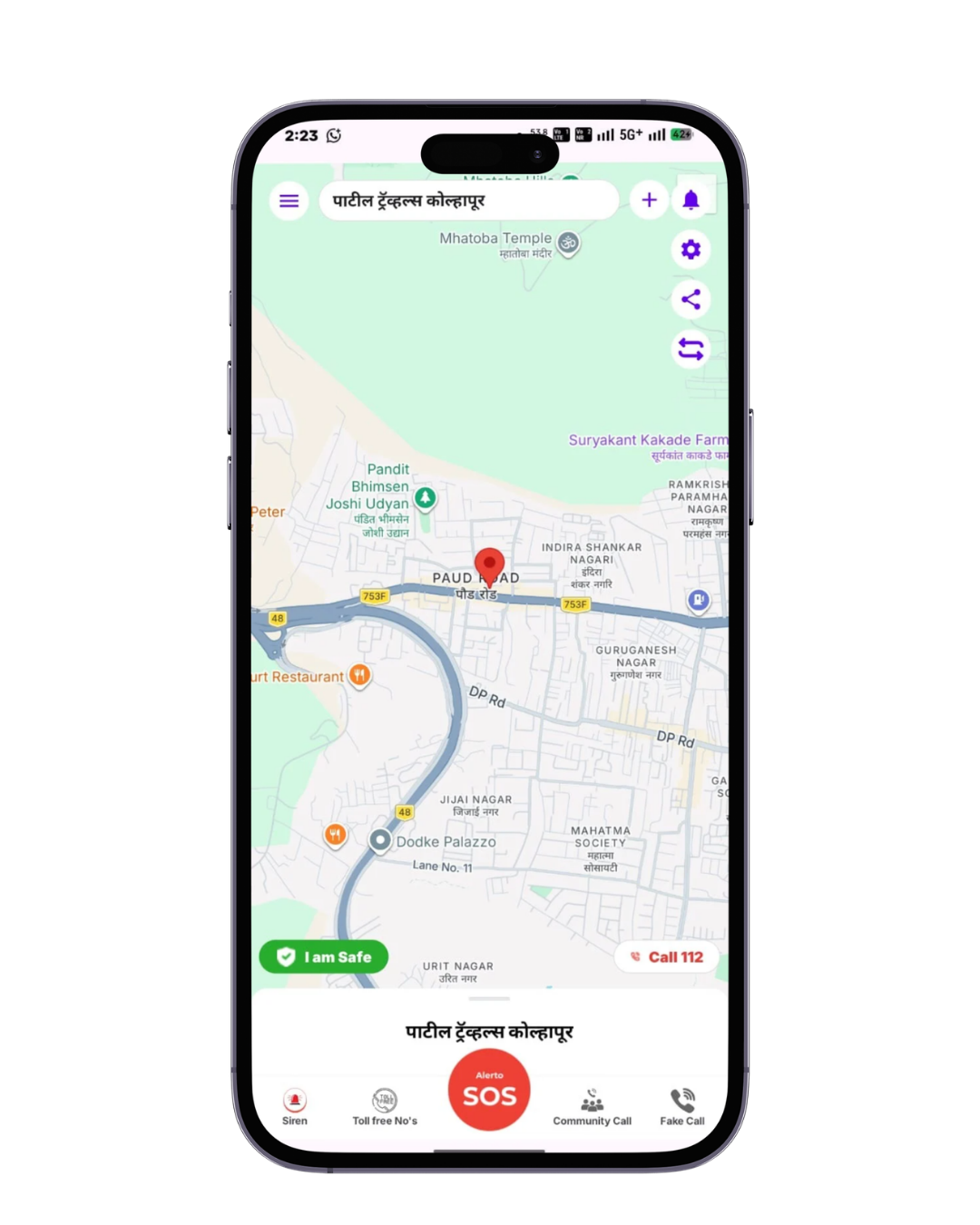 Travel safety app showing live location map with GPS tracking for group travel safety and emergency alerts